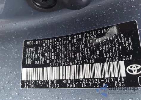 2022 Toyota Corolla Le из США, поврежденный, VIN 5YFEPMAE6NP343718